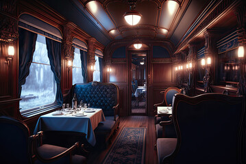 Train interior, dining car, 19th century, wood, luxury. Generative AI - obrazy, fototapety, plakaty