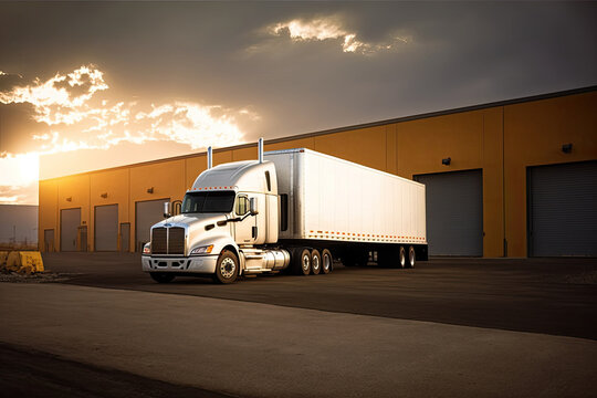 Truck unloads cargo in a warehouse, sunset. Generative ai.