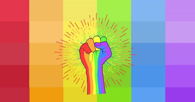 Animation of rainbow fist over rainbow background