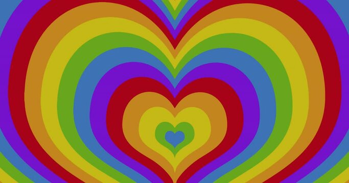 Animation of rainbow hearts and lgbtq text over rainbow heart background