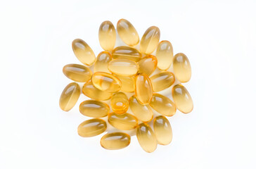 Omega-3 capsules on a white background. Polyunsaturated fatty acids. The concept of a healthy lifestyle