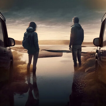 two people parked watching sunset. 