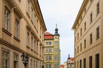 Facade of the house of classical European architecture of the old cozy tourist city. Background
