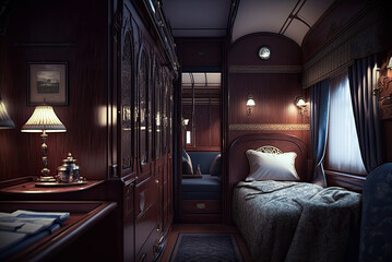 Train interior, sleeper car, 19th century, wood, luxury. Generative AI