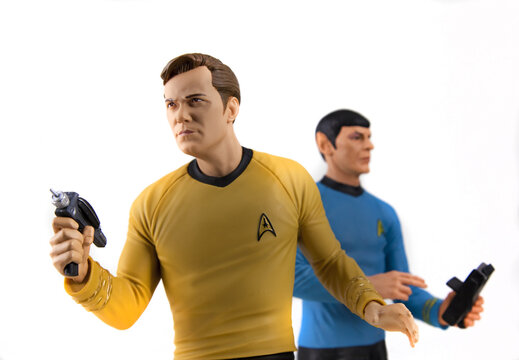 NEW YORK USA, FEB 21 2023: Captain Kirk and Mr Spock toys recreate a scene from Star Trek.