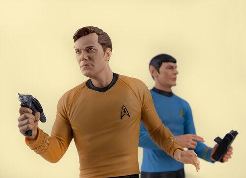 NEW YORK USA, FEB 21 2023: Captain Kirk and Mr Spock toys recreate a scene from Star Trek.