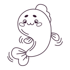 Cute cartoon fish in the doodle style - a picture for coloring. Marine animals, ocean fish. Vector linear illustration in a hand-drawn style. Outline. 