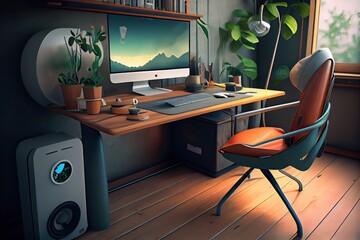 Modern home office with ergonomic desk and natural light, generative AI
