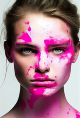 A  young woman with pink florescent paint over her body
Generative ai Illustration