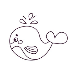 Cute underwater whale splashes water - a picture for coloring. Marine animals. Vector linear illustration in a hand-drawn style. Outline. 