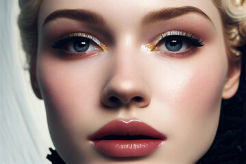 Close-up beauty portrait of young beautiful woman with bright make-up. Digitally AI generated image.