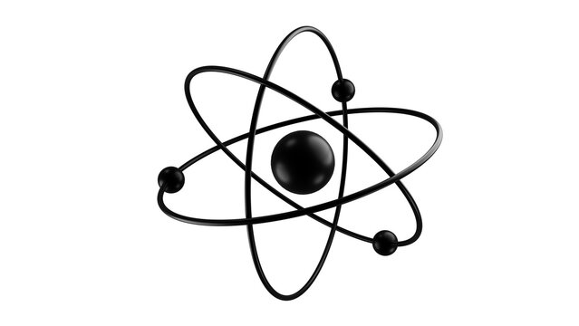 Black abstract model of atom isolated on transparent background. Science concept. 3D render