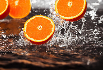 Fototapeta na wymiar Freeze motion of sliced oranges in water splash.