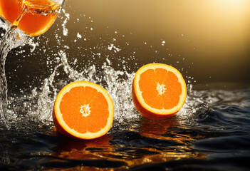 Fototapeta na wymiar Freeze motion of sliced oranges in water splash.