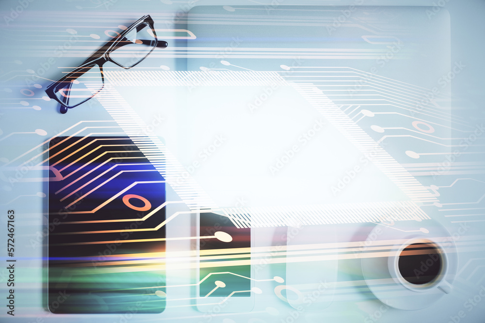 Poster Double exposure of technology theme drawing over work table desktop. Top view. Global data analysis concept.
