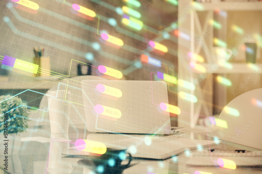 Poster double exposure of data theme drawing and office interior background. concept of technology.