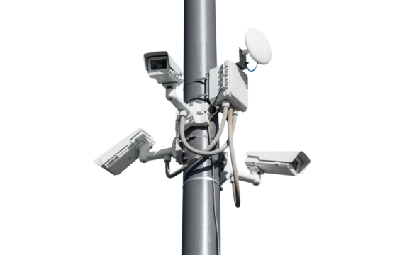 Surveillance security camera cluster on tall pole with cut out background.