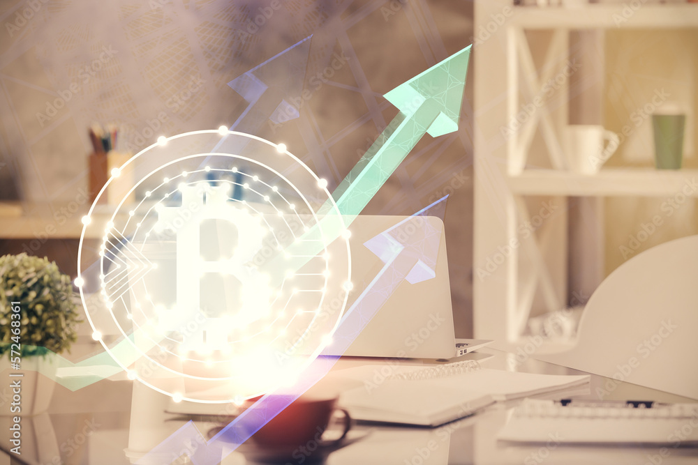 Poster double exposure of crypto technology theme drawing and office interior background. concept of blockc