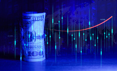 Roll of one hundred dollar bills tied with a rope and a graph with rising rates. Income growth...