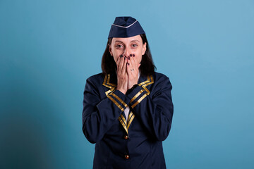 Flight attendant covering mouth with hands, showing speak no evil gesture, looking at camera. Airplane stewardess with covered lips front view, censorship, keeping silence concept