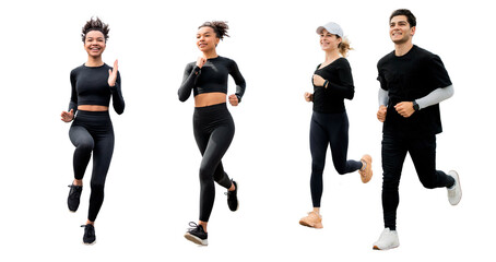 Group of people friends jogging women and man full-length isolated transparent background, png.