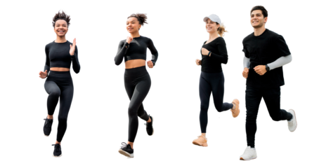 Group of people friends jogging women and man full-length isolated transparent background, png.