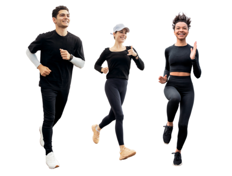 People friends jogging women and man full-length isolated transparent background, png.