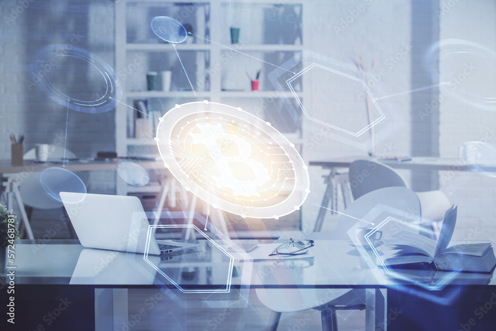 Poster double exposure of crypto technology theme drawing and office interior background. concept of blockc
