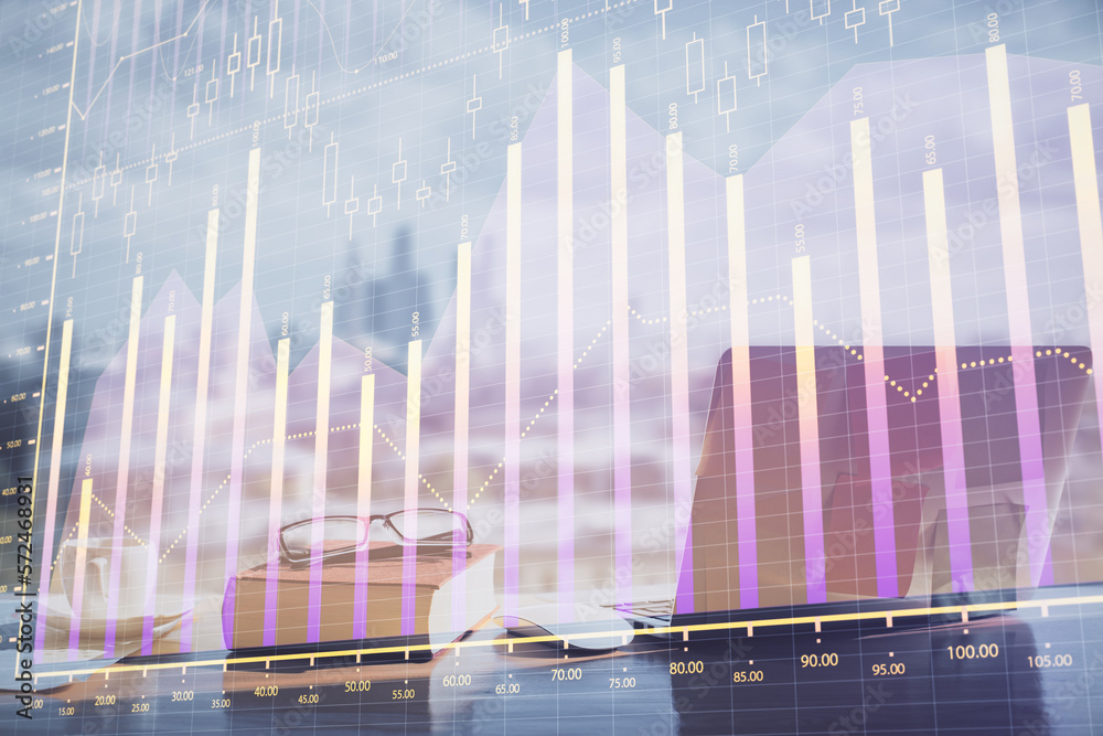 Poster Double exposure of financial chart drawings and desk with open notebook background. Concept of forex market