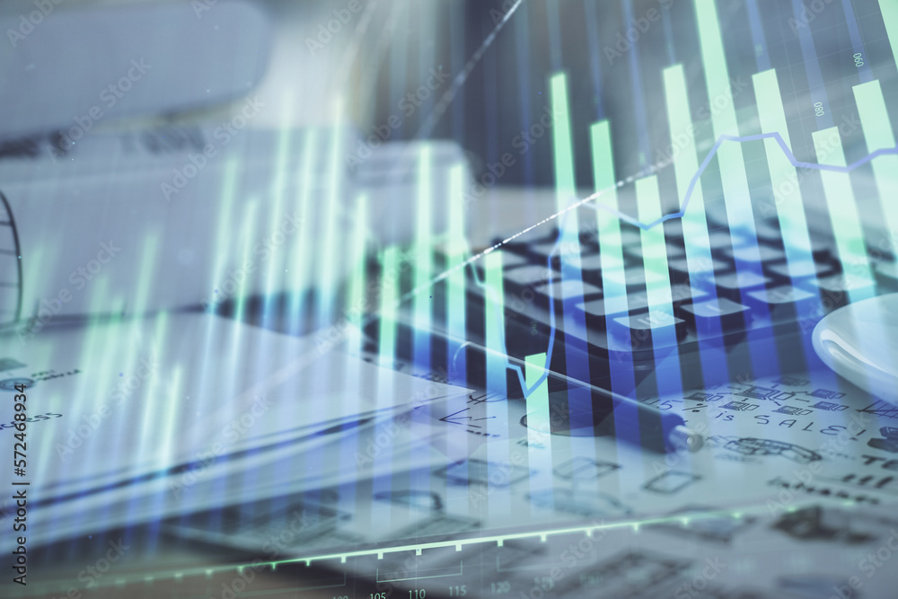 Poster Double exposure of financial chart drawings and desk with open notebook background. Concept of forex market
