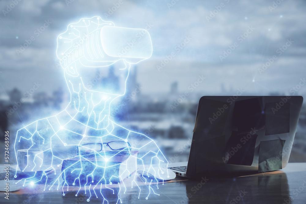 Aufkleber double exposure of man in vr glasses drawing and desk with open notebook background. concept of ar