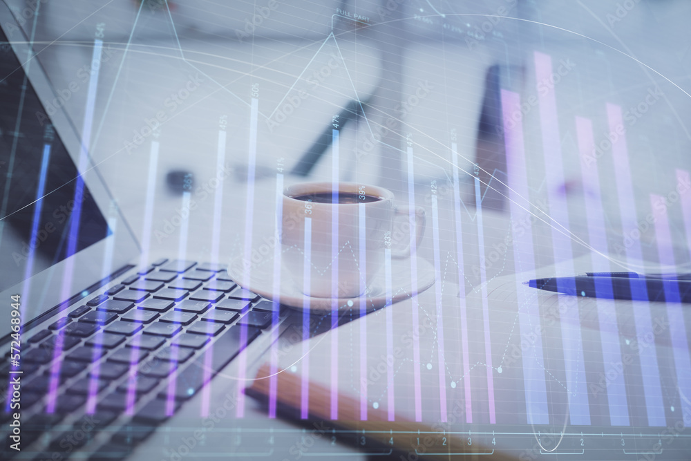 Aufkleber double exposure of financial chart drawing and desktop with coffee and items on table background. co