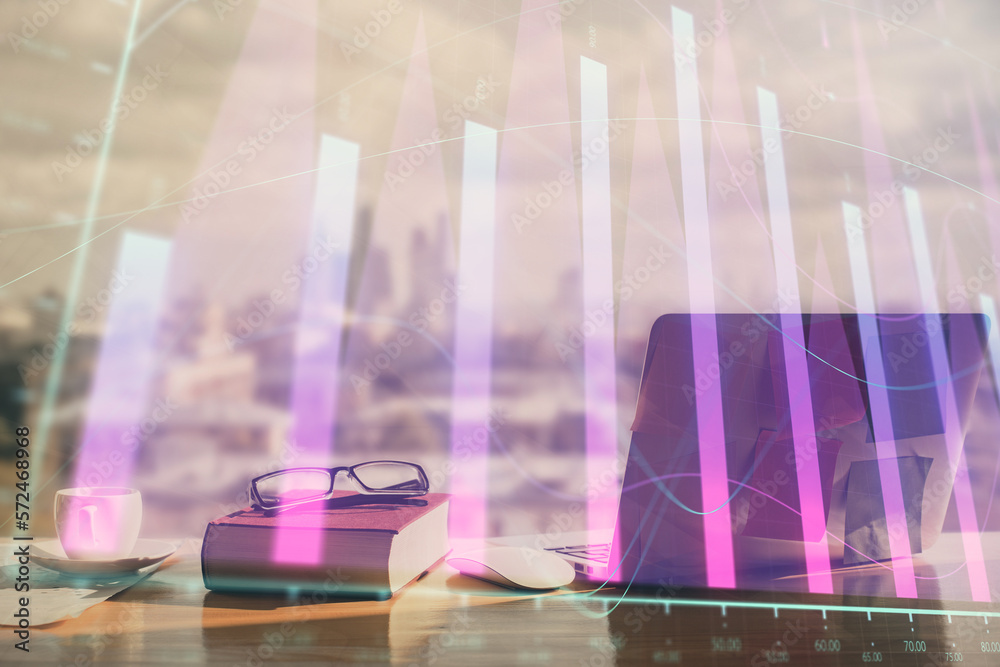 Poster Double exposure of financial chart drawings and desk with open notebook background. Concept of forex market