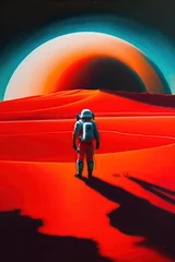 Wall murals Red Astronaut standing on sandy surface of red planet, looking deep into the dunes at spherical object or planet seen on the horizon