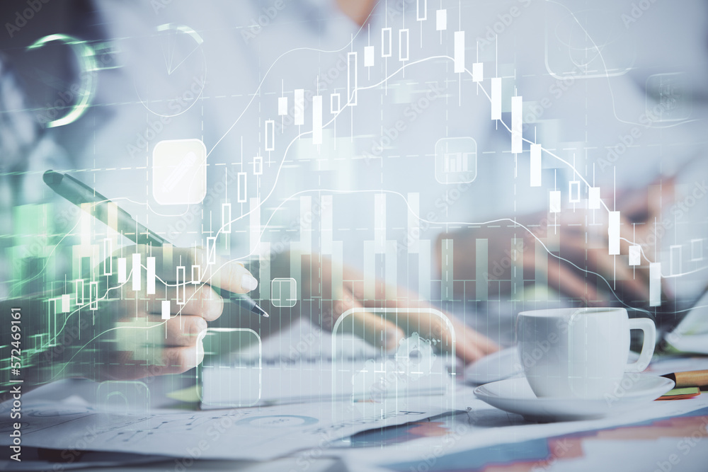 Poster double exposure of forex graph drawing over people taking notes background. concept of financial ana