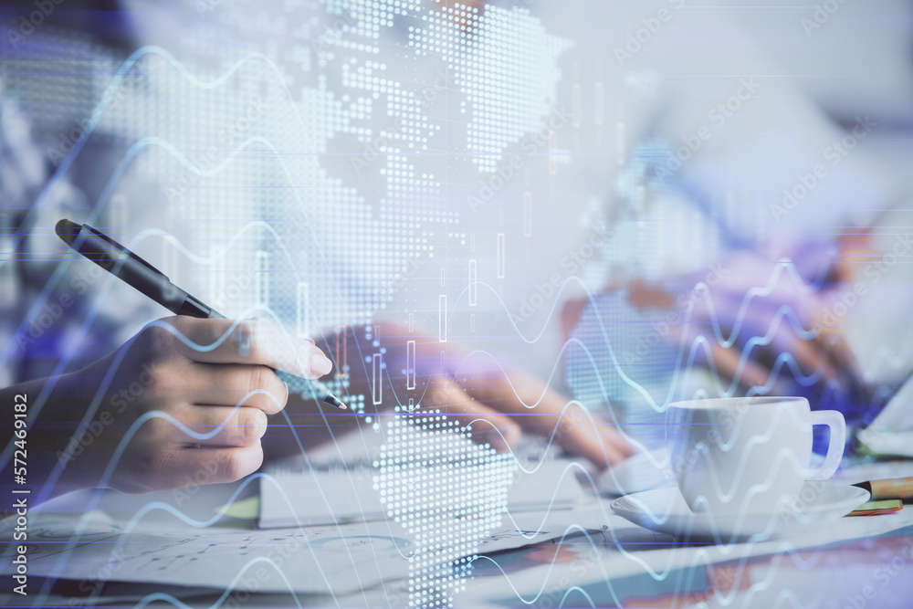 Poster double exposure of forex graph drawing over people taking notes background. concept of financial ana