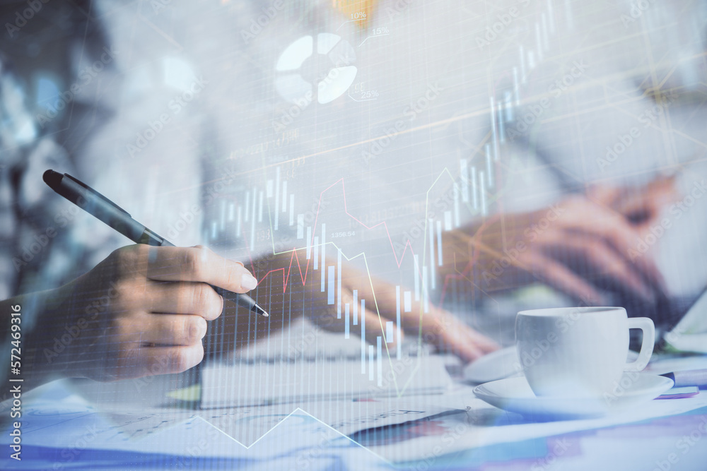 Poster double exposure of forex graph drawing over people taking notes background. concept of financial ana