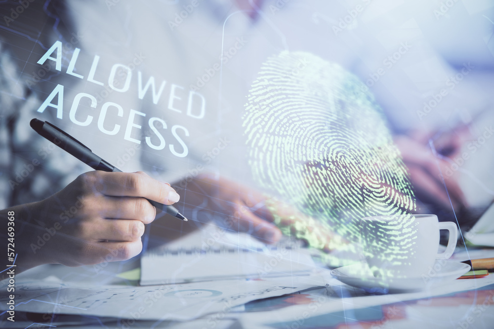Poster double exposure of fingerprint drawing over people taking notes background. concept of security