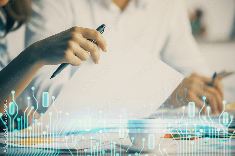 Poster double exposure of data theme sketch drawing over people writing background. concept of technology