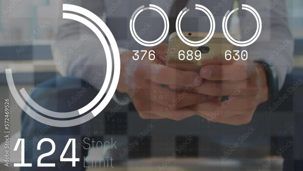 Poster animation of interface with data processing over mid section of businessman using a smartphone