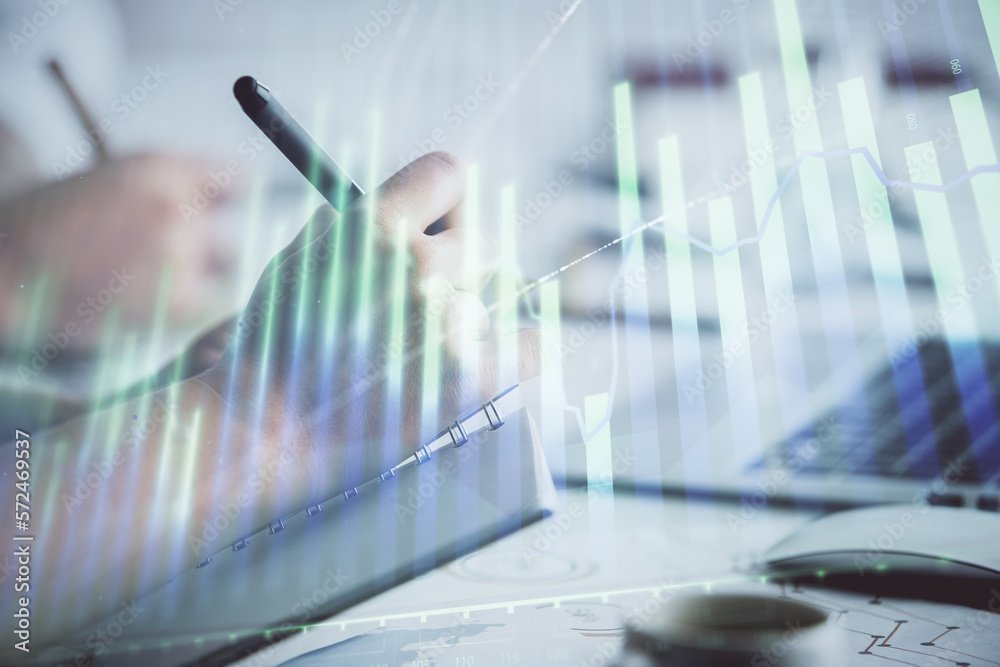 Poster double exposure of forex graph drawing over people taking notes background. concept of financial ana