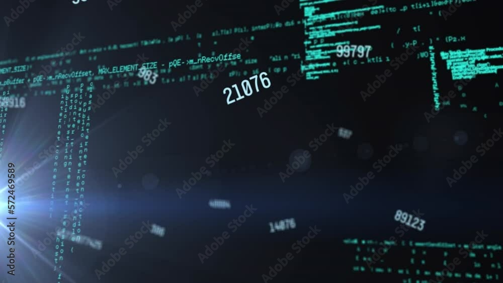 Poster animation of multiple changing numbers and data processing against light spot on blue background