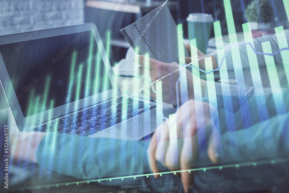 Poster double exposure of man and woman working together and forex chart hologram. business concept. comput