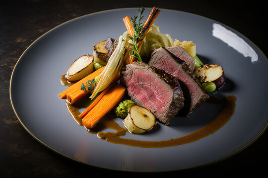 Grilled Lamb fillet with fried vegetables, Generative AI