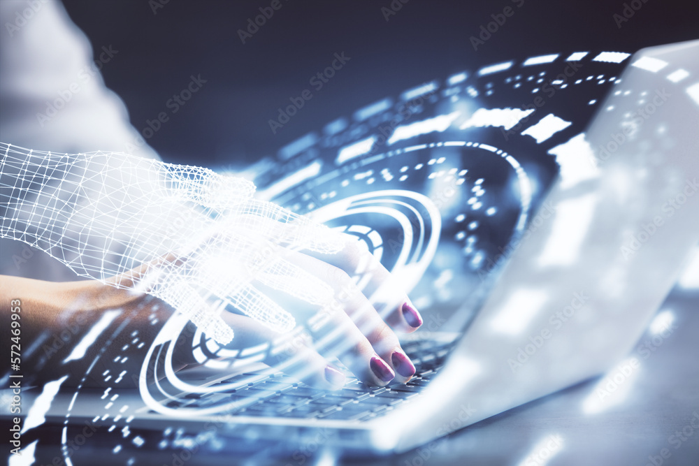 Leinwandbilder multi exposure of woman hands working on computer and data theme hologram drawing. tech concept.