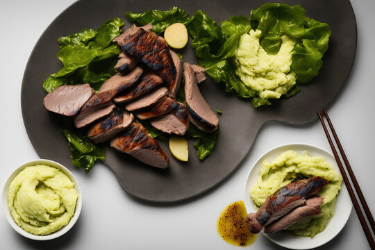 Plate with grilled duck fillet and potato mesh, Generative AI