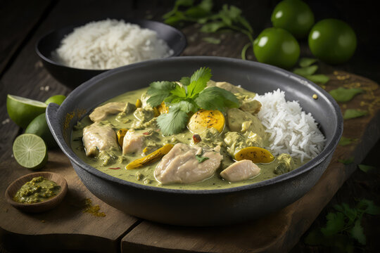 bowl with green chicken curry and rice, Generative AI