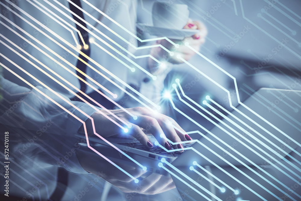 Aufkleber Multi exposure of woman hands working on computer and data theme hologram drawing. Tech concept.
