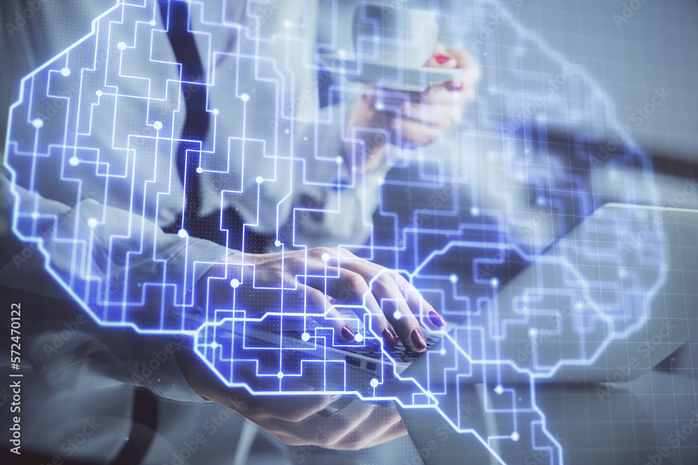 Poster multi exposure of woman hands working on computer and human brain hologram drawing. ai tech concept.