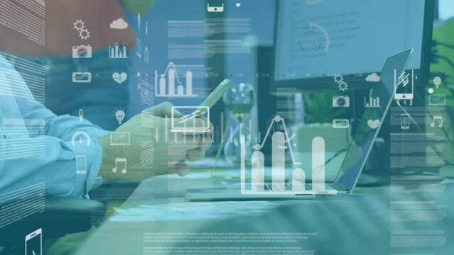 Animation of screens with dat processing against mid section of a man using smartphone at office